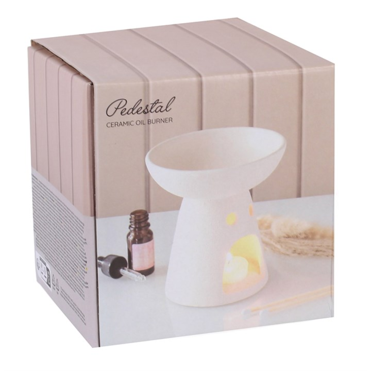 Box packaging of a pedestal ceramic oil burner with product image and branding.
