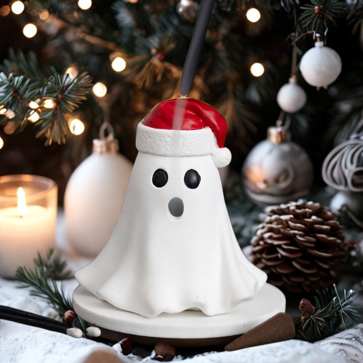 Ghost Incense Cone Holder with Santa Hat – Spooky Festive Décor