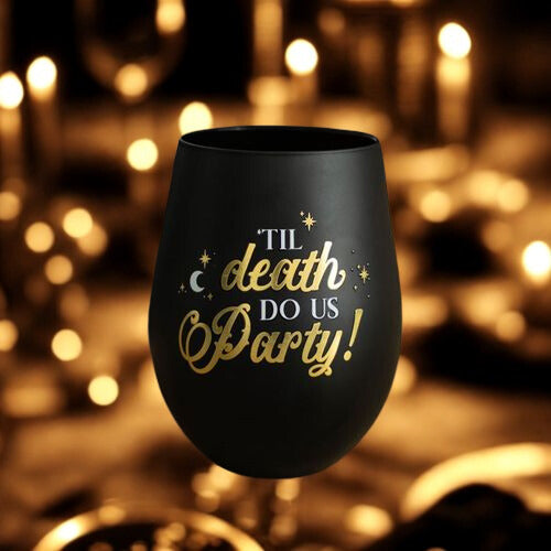 ‘Til Death Do Us Party’ Black & Gold Stemless Wine Glass – Dark Humour & Elegant