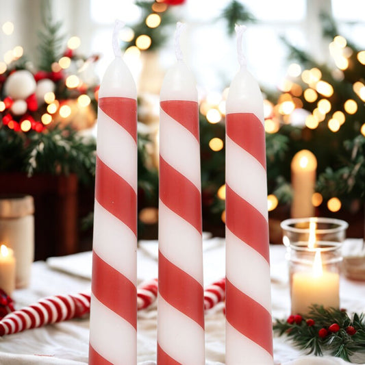 Candy Cane Stripe Taper Candle Set – 3 Unscented Festive Candles