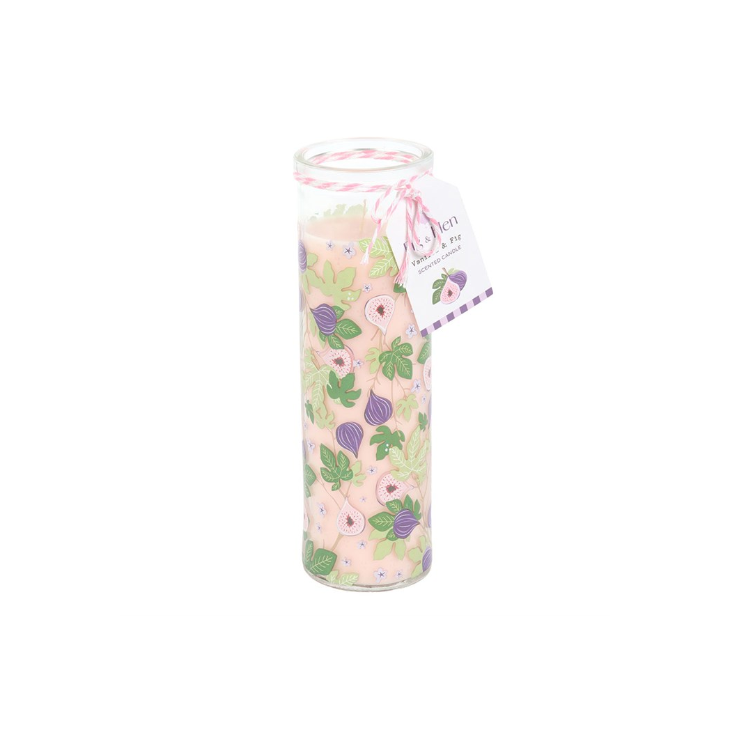 Glass tube candle with floral pattern and pink ribbon on a white background