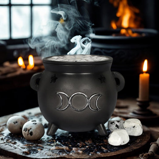 Triple Moon Cauldron Incense Cone Burner – Silver Effect with Bubbling Brew Lid