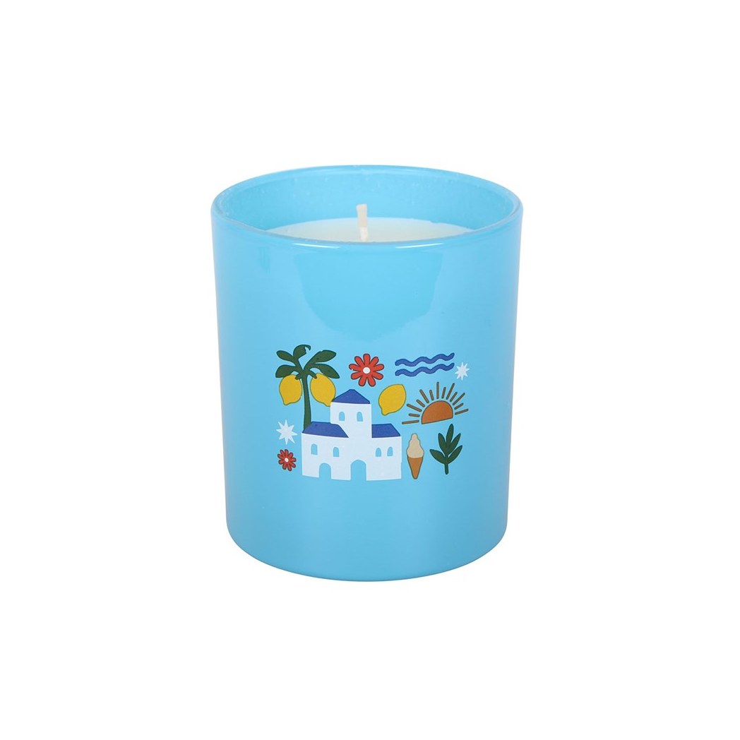 Blue candle with a decorative design on a white background