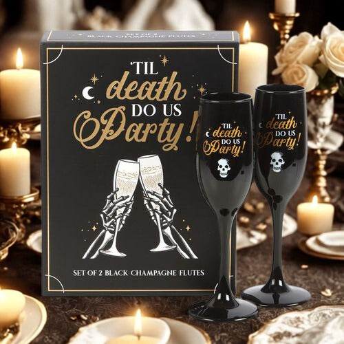 ‘Til Death Do Us Party’ Black & Gold Champagne Glasses – Romantic & Playful