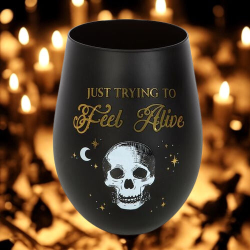 Black & Gold Stemless Wine Glass – ‘Just Trying to Feel Alive’ Skeleton Design (500ml)