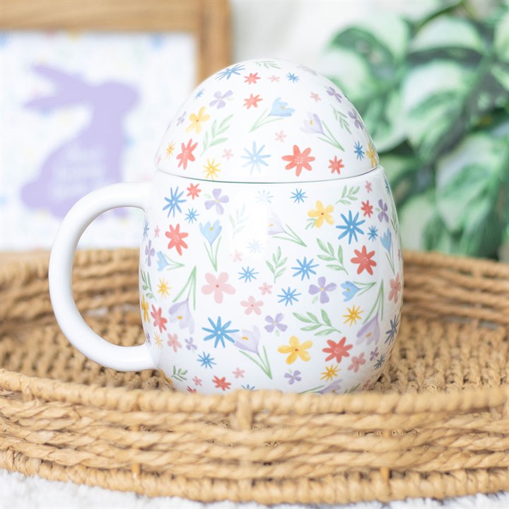 Spring Garden Ceramic Mug with Lid – Egg-Shaped Floral Design