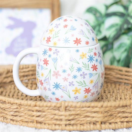 Spring Garden Ceramic Mug with Lid – Egg-Shaped Floral Design