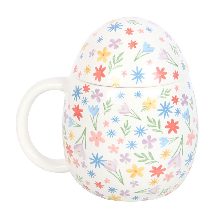 Spring Garden Ceramic Mug with Lid – Egg-Shaped Floral Design