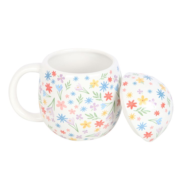 Spring Garden Ceramic Mug with Lid – Egg-Shaped Floral Design