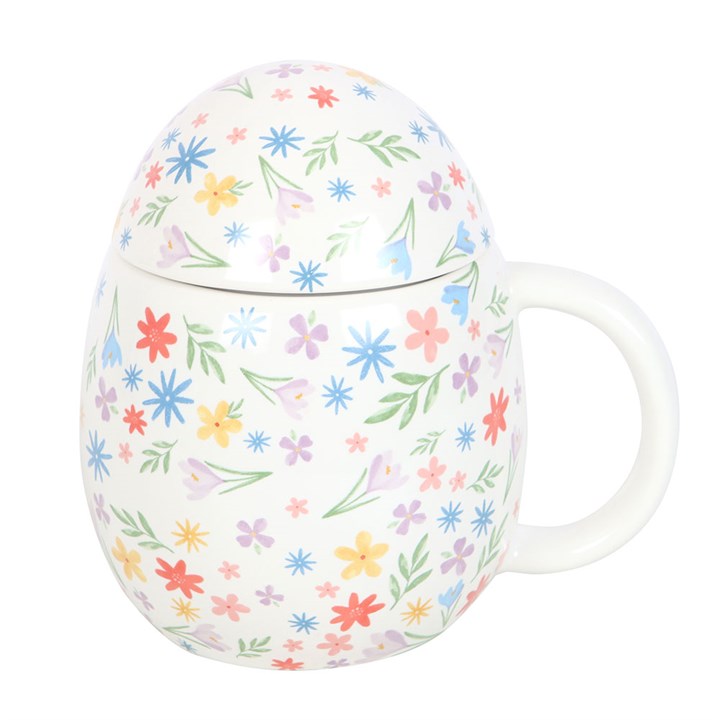 Spring Garden Ceramic Mug with Lid – Egg-Shaped Floral Design