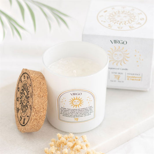 Virgo Zodiac Candle with Clear Quartz Crystals – Sandalwood & Patchouli