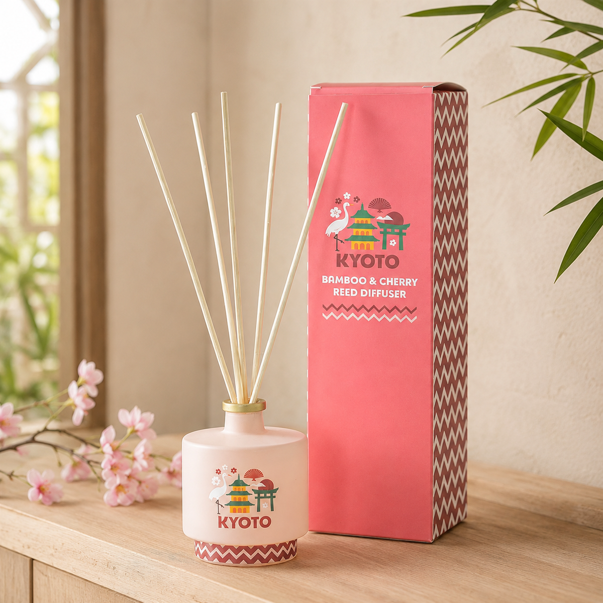 A reed diffuser bottle with bamboo reeds stands beside its pink retail box on a wooden table. The diffuser and box are decorated with cherry blossom and pagoda illustrations and the text 'KYOTO' and 'BAMBOO & CHERRY REED DIFFUSER'.