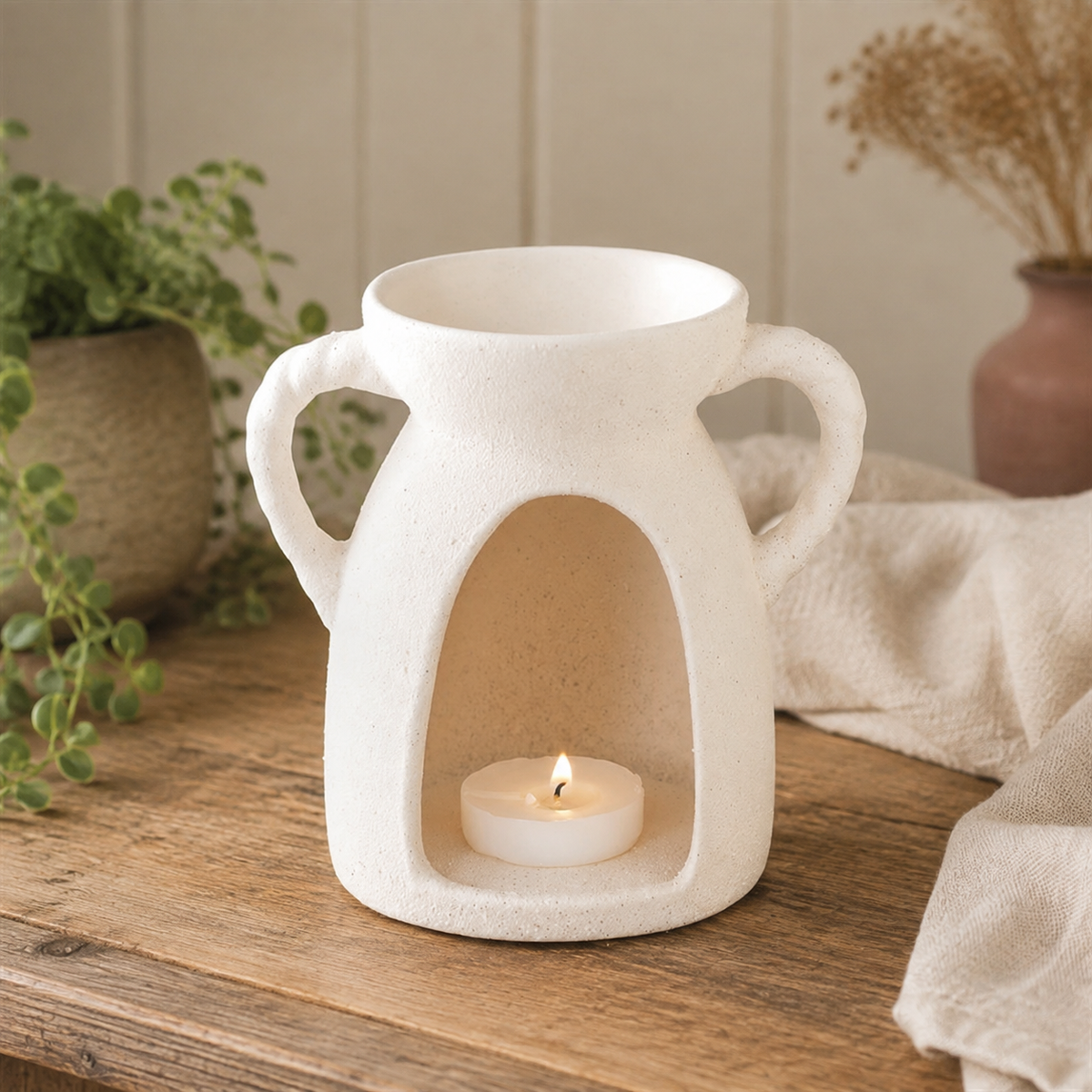 A white ceramic tea light holder with two side handles and an arched opening in the front, shown on a wooden table with a lit tea light candle inside. The background features a neutral wall, a draped beige cloth, and soft decorative plants.