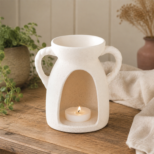 A white ceramic tea light holder with two side handles and an arched opening in the front, shown on a wooden table with a lit tea light candle inside. The background features a neutral wall, a draped beige cloth, and soft decorative plants.