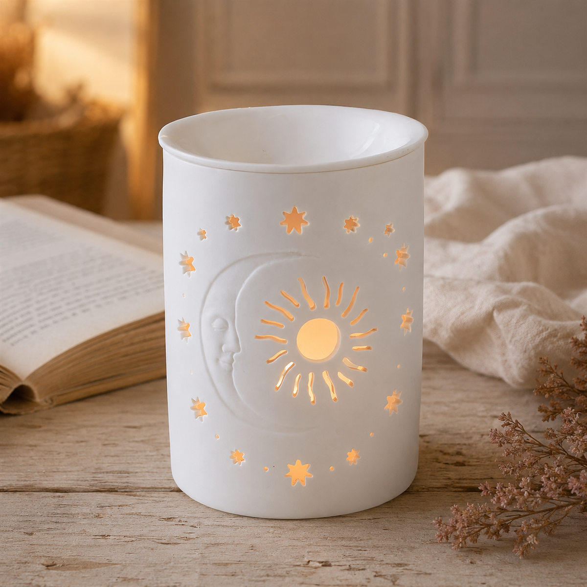 White Sun and Moon Cut Out Oil Burner and Wax Warmer