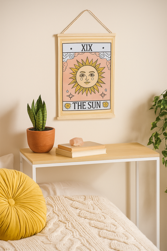 The Sun Tarot Card Fabric Wall Hanging – Celestial Tapestry with Twine Loop