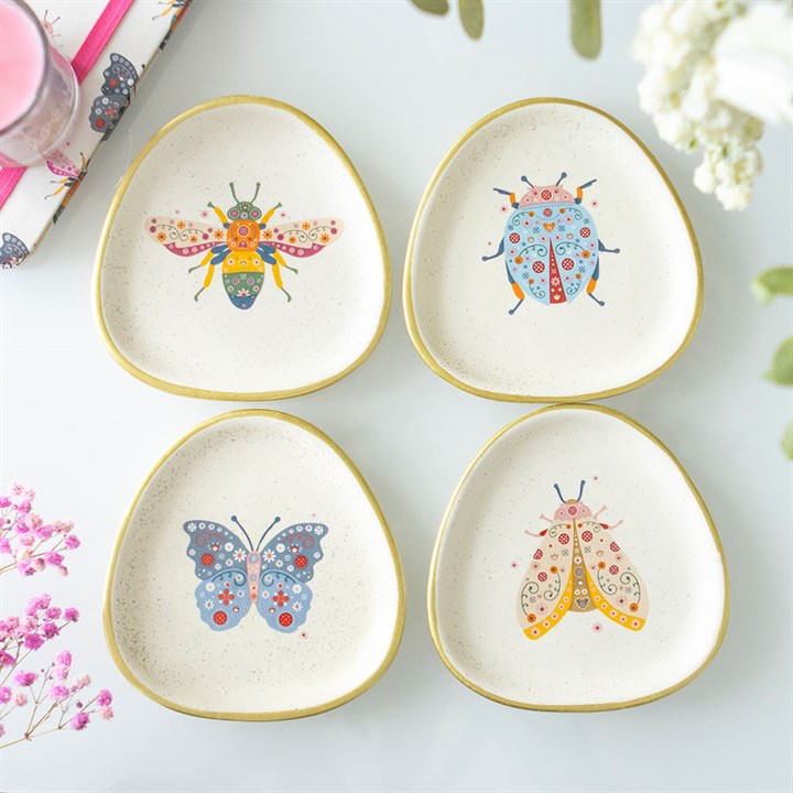 Set of 4 Floral Bug Trinket Dishes – Speckled Ceramic with Gold Edging