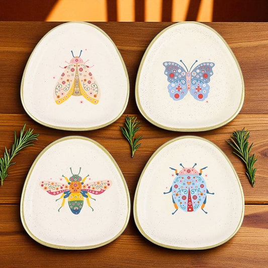 Set of 4 Floral Bug Trinket Dishes – Speckled Ceramic with Gold Edging