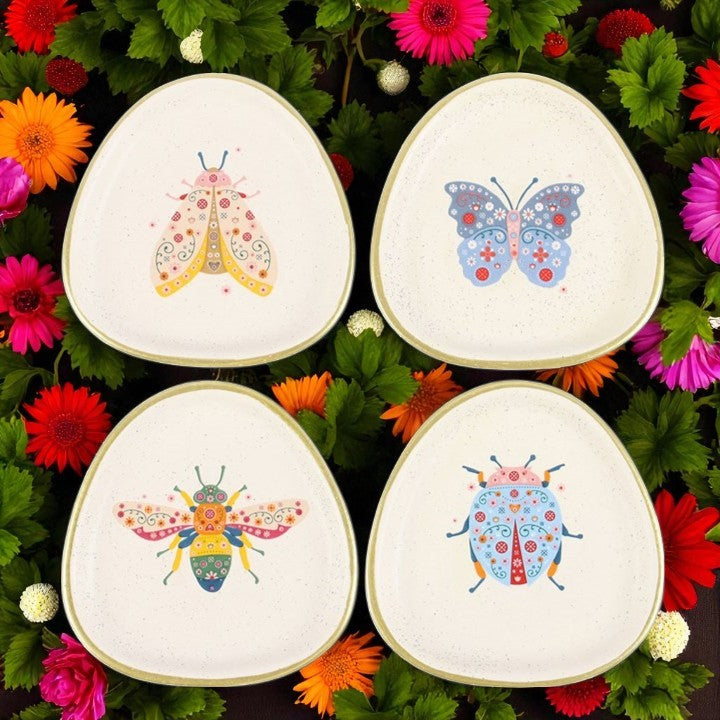 Set of 4 Floral Bug Trinket Dishes – Speckled Ceramic with Gold Edging