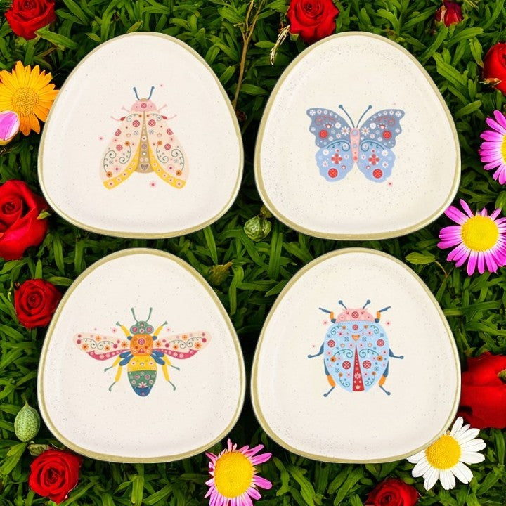 Set of 4 Floral Bug Trinket Dishes – Speckled Ceramic with Gold Edging