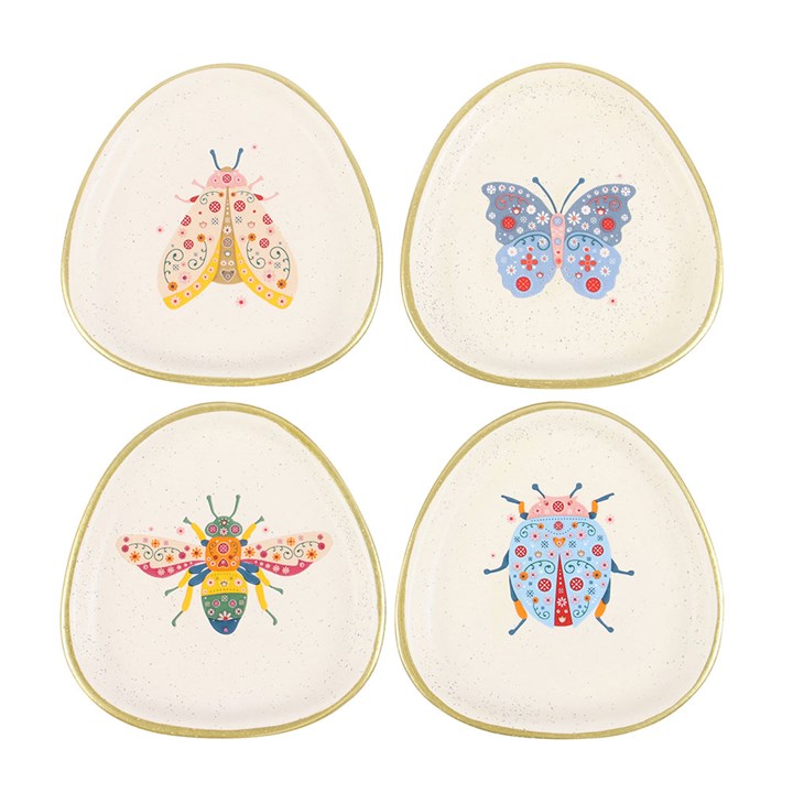 Set of 4 Floral Bug Trinket Dishes – Speckled Ceramic with Gold Edging