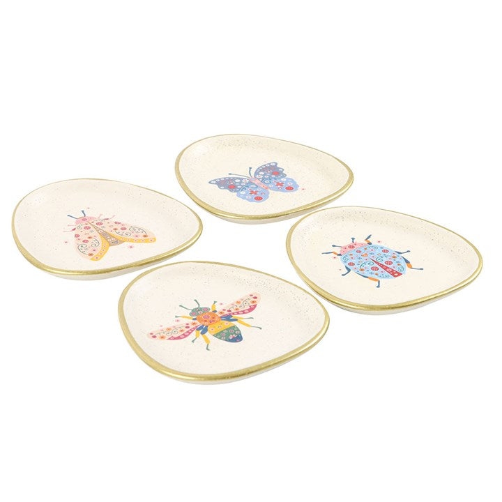 Set of 4 Floral Bug Trinket Dishes – Speckled Ceramic with Gold Edging