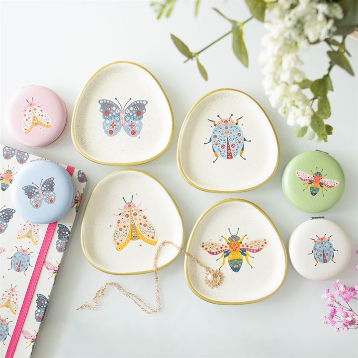 Set of 4 Floral Bug Trinket Dishes – Speckled Ceramic with Gold Edging