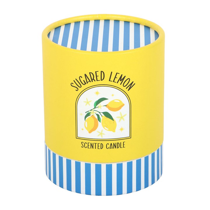 Sugared Lemon scented candle with yellow and blue striped design on a white background