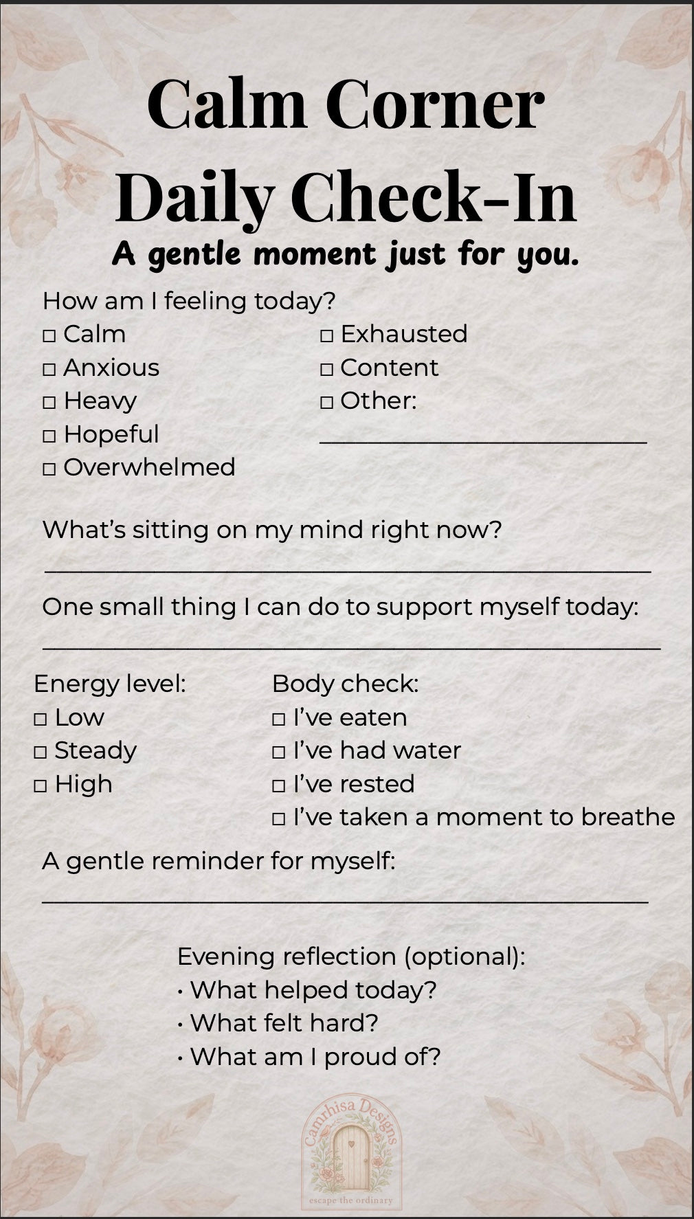 Daily Mental Health Check-In (Digital/Fillable)