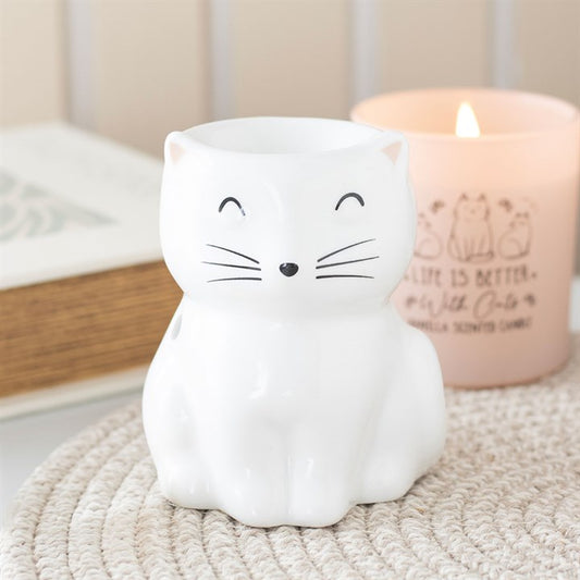 White Happy Cat Oil Burner – Cute Ceramic Fragrance Burner