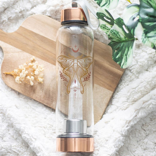 Clear Quartz Infused Glass Water Bottle – Luna Moth Design (500ml)