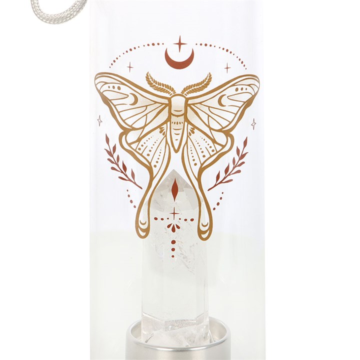 Clear Quartz Infused Glass Water Bottle – Luna Moth Design (500ml)