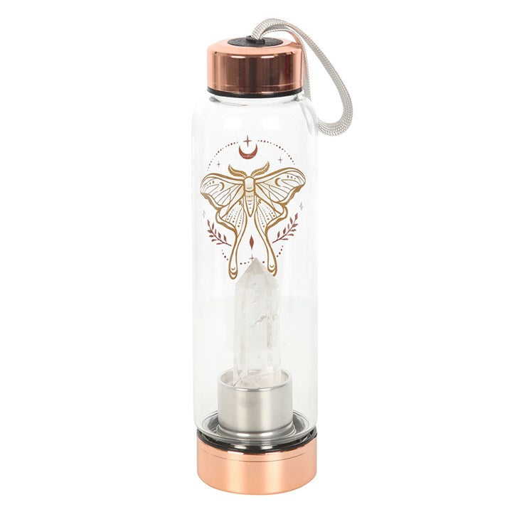 Clear Quartz Infused Glass Water Bottle – Luna Moth Design (500ml)