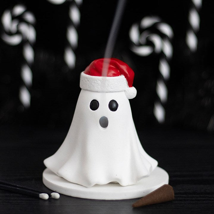 Ghost Incense Cone Holder with Santa Hat – Spooky Festive Décor