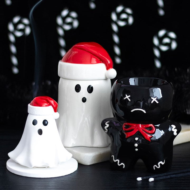 Ghost Incense Cone Holder with Santa Hat – Spooky Festive Décor