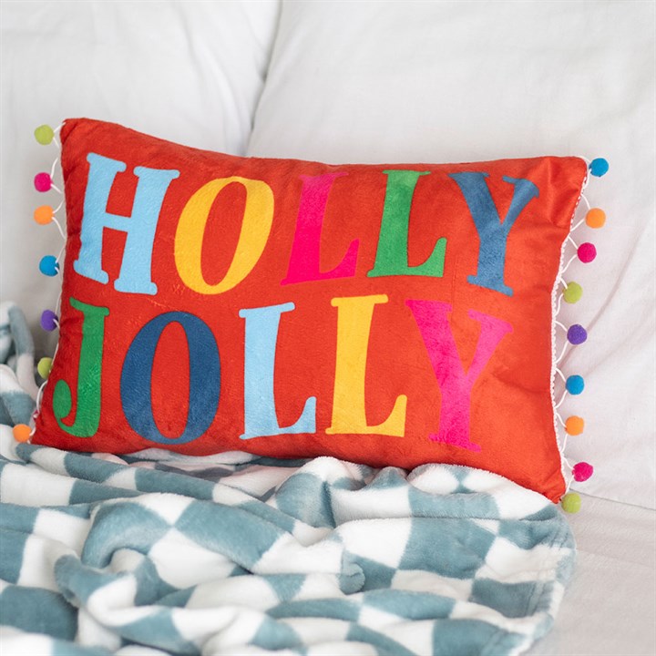 ‘Holly Jolly’ Red Christmas Cushion with Pom-Pom Detailing