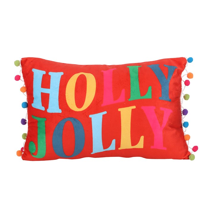 ‘Holly Jolly’ Red Christmas Cushion with Pom-Pom Detailing