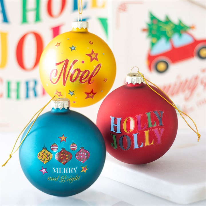 Set of 3 Glass Christmas Baubles – Holly Jolly, Noel & Merry and Bright