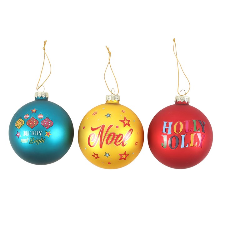 Set of 3 Glass Christmas Baubles – Holly Jolly, Noel & Merry and Bright