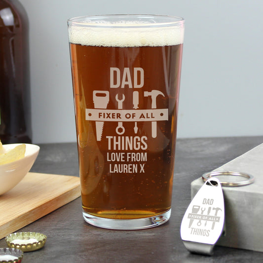 Personalised “Fixer of All Things” Pint Glass & Bottle Opener Gift Set