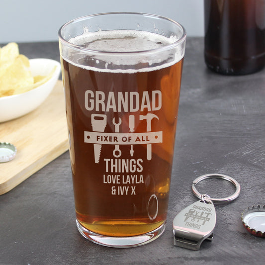 Personalised “Fixer of All Things” Pint Glass & Bottle Opener Gift Set