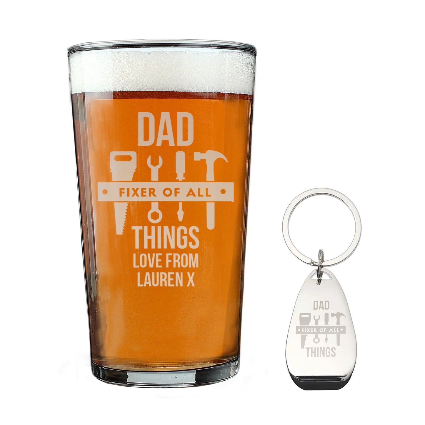 Personalised “Fixer of All Things” Pint Glass & Bottle Opener Gift Set