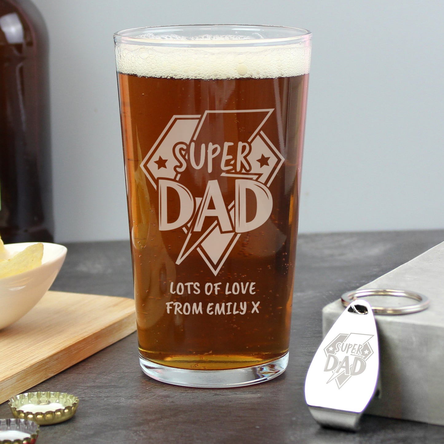 Personalised “Super Dad” Pint Glass & Bottle Opener Gift Set – Hero Gift for Him
