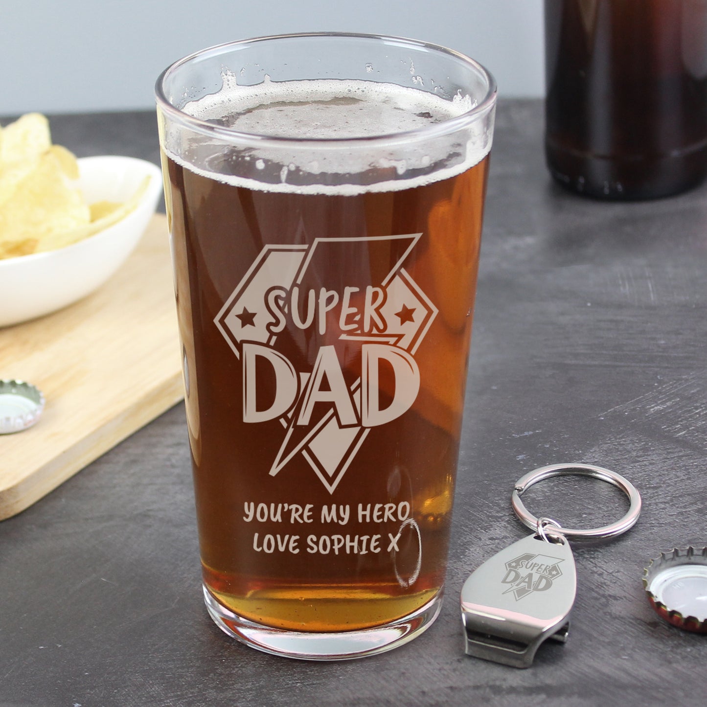 Personalised “Super Dad” Pint Glass & Bottle Opener Gift Set – Hero Gift for Him