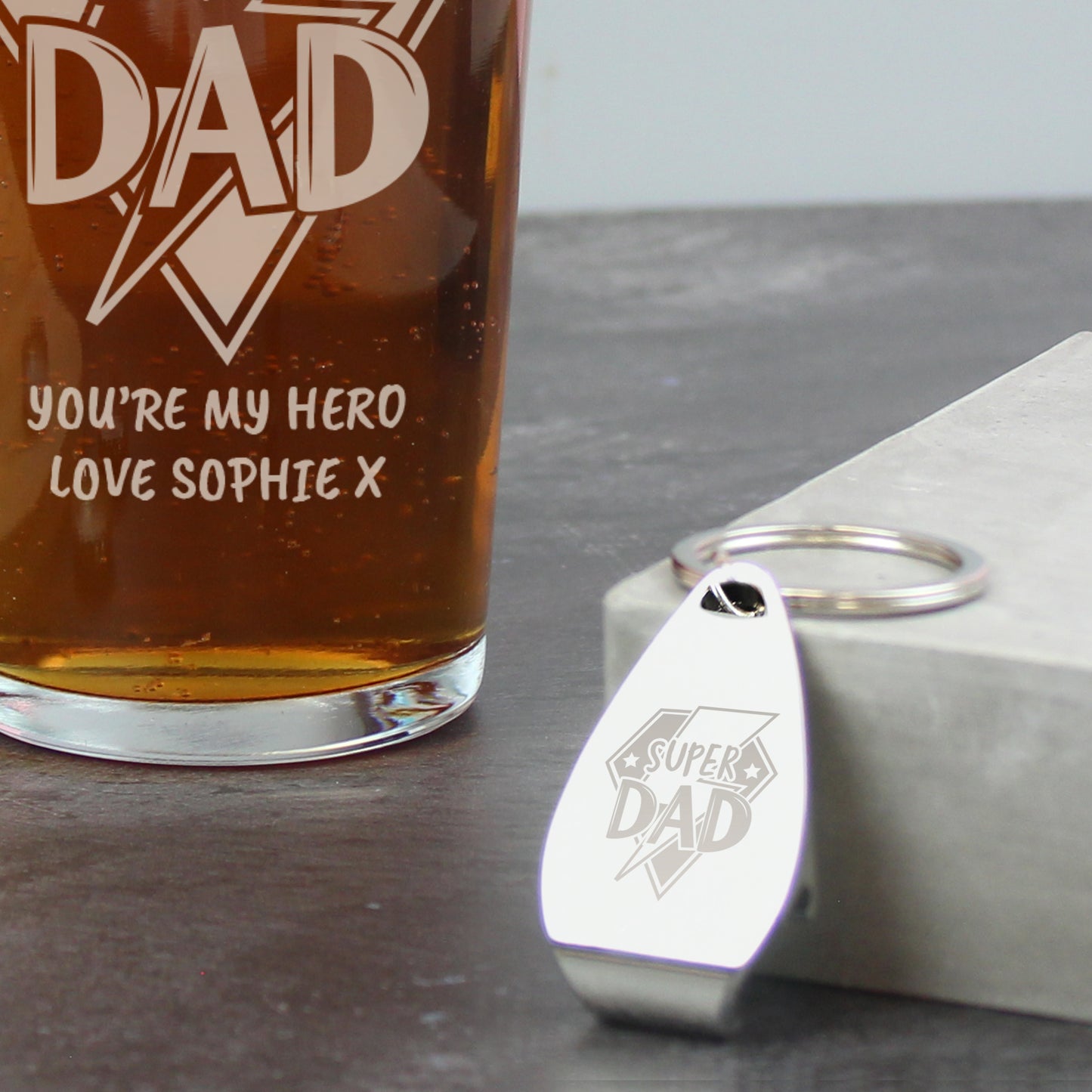 Personalised “Super Dad” Pint Glass & Bottle Opener Gift Set – Hero Gift for Him