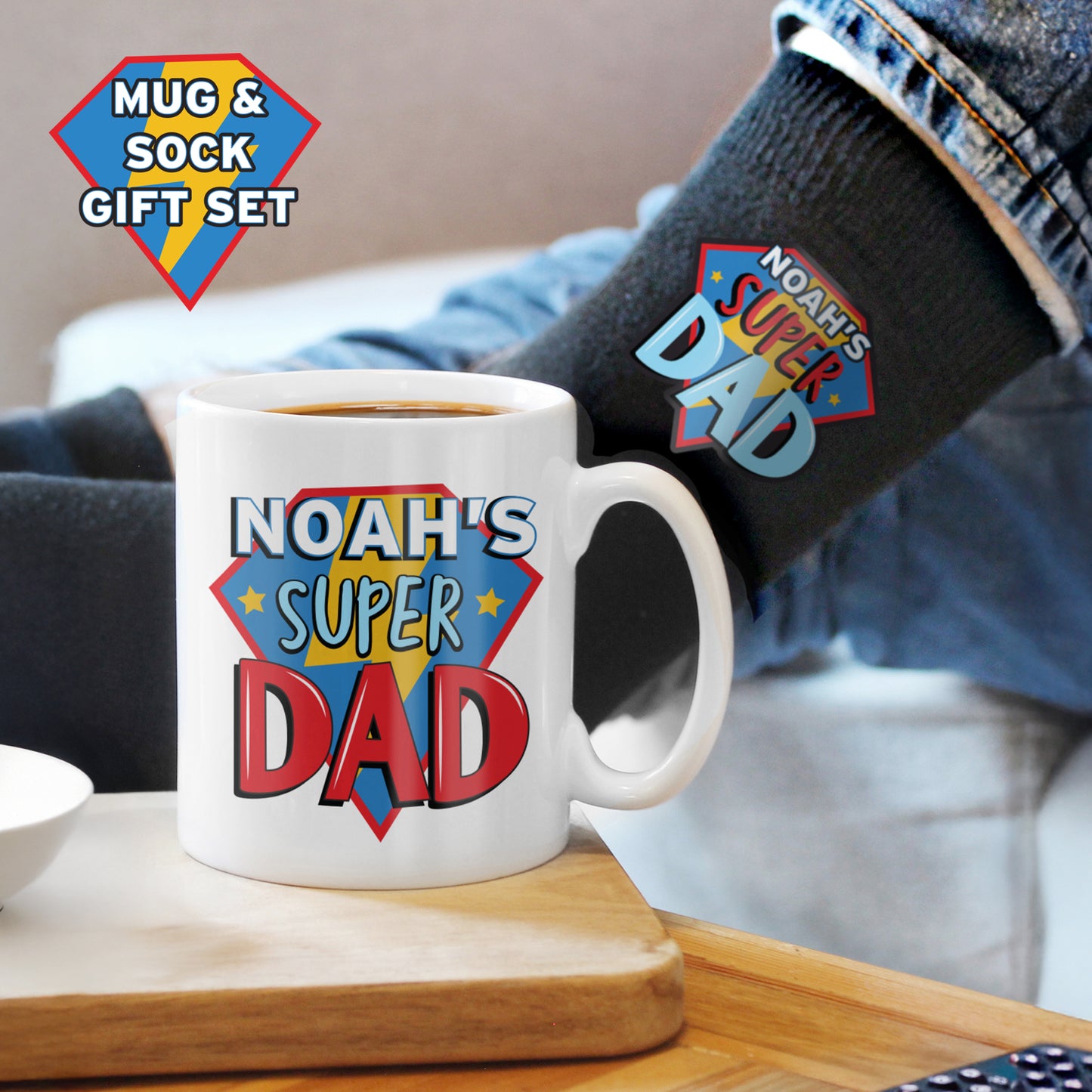 Personalised ‘Super Dad’ Mug & Socks Gift Set