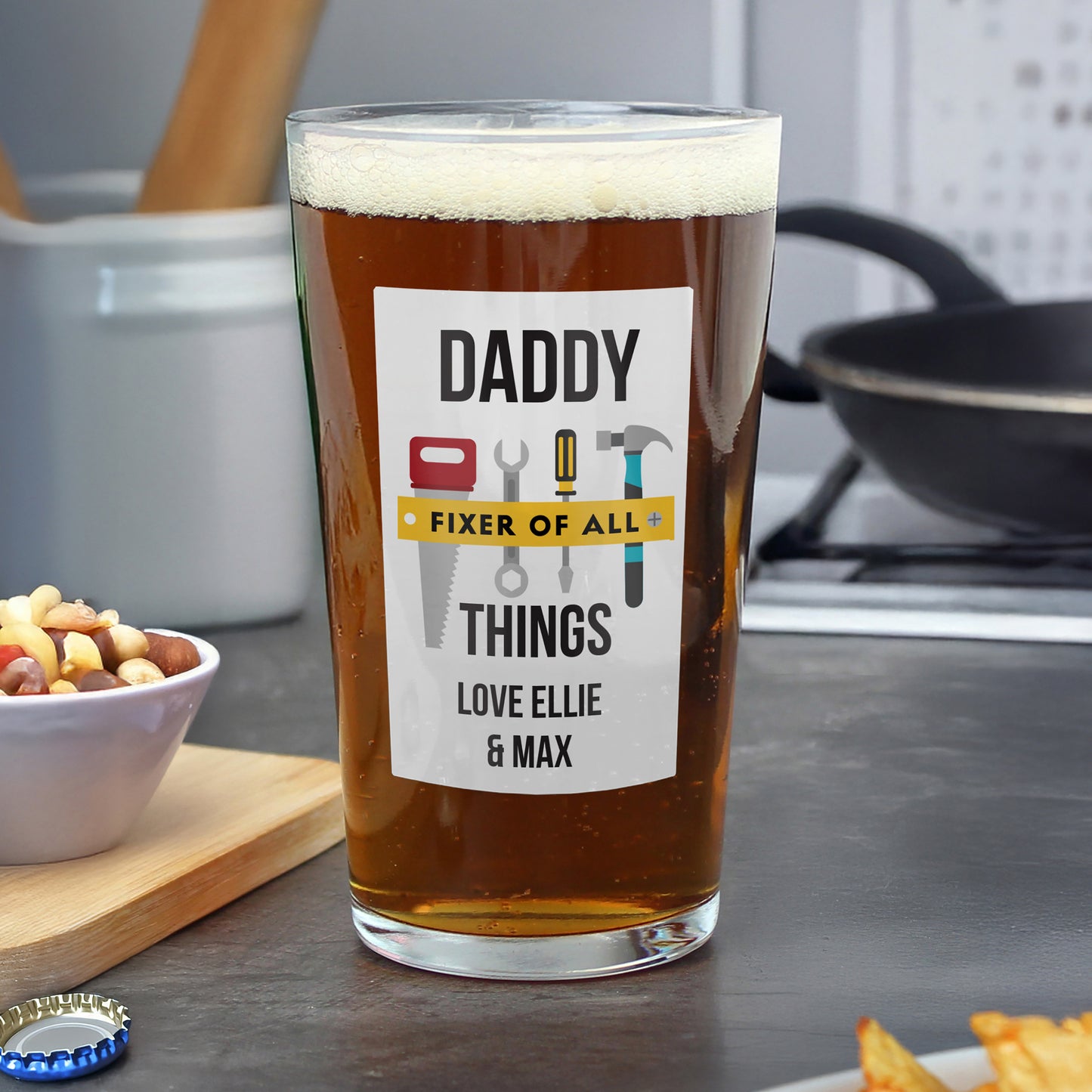 Personalised “Fixer of All Things” Printed Pint Glass – Tool Design Gift