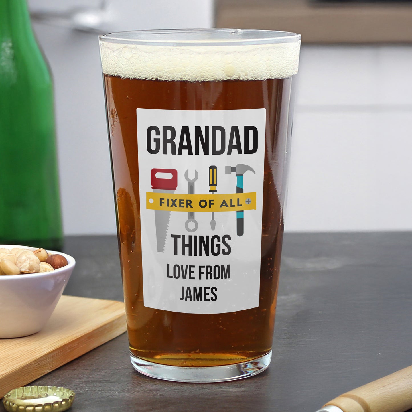 Personalised “Fixer of All Things” Printed Pint Glass – Tool Design Gift
