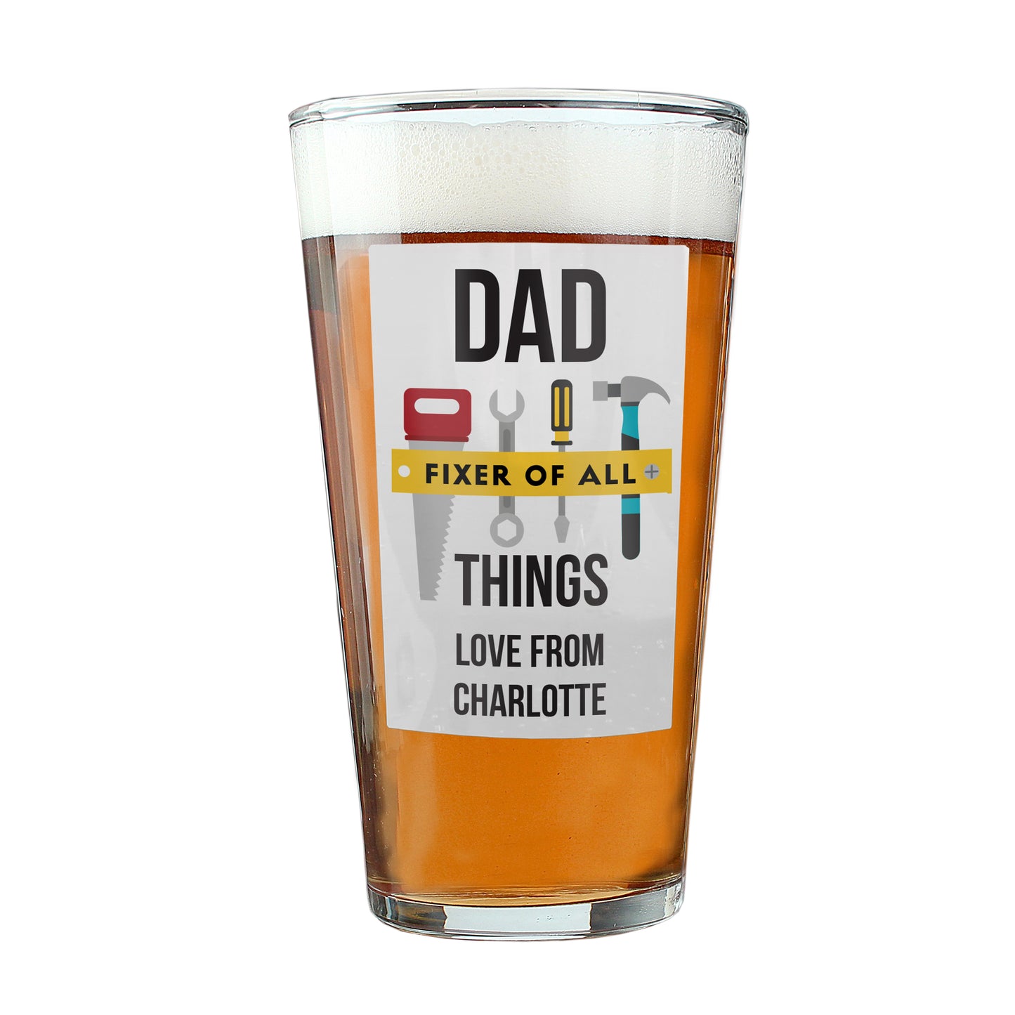 Personalised “Fixer of All Things” Printed Pint Glass – Tool Design Gift