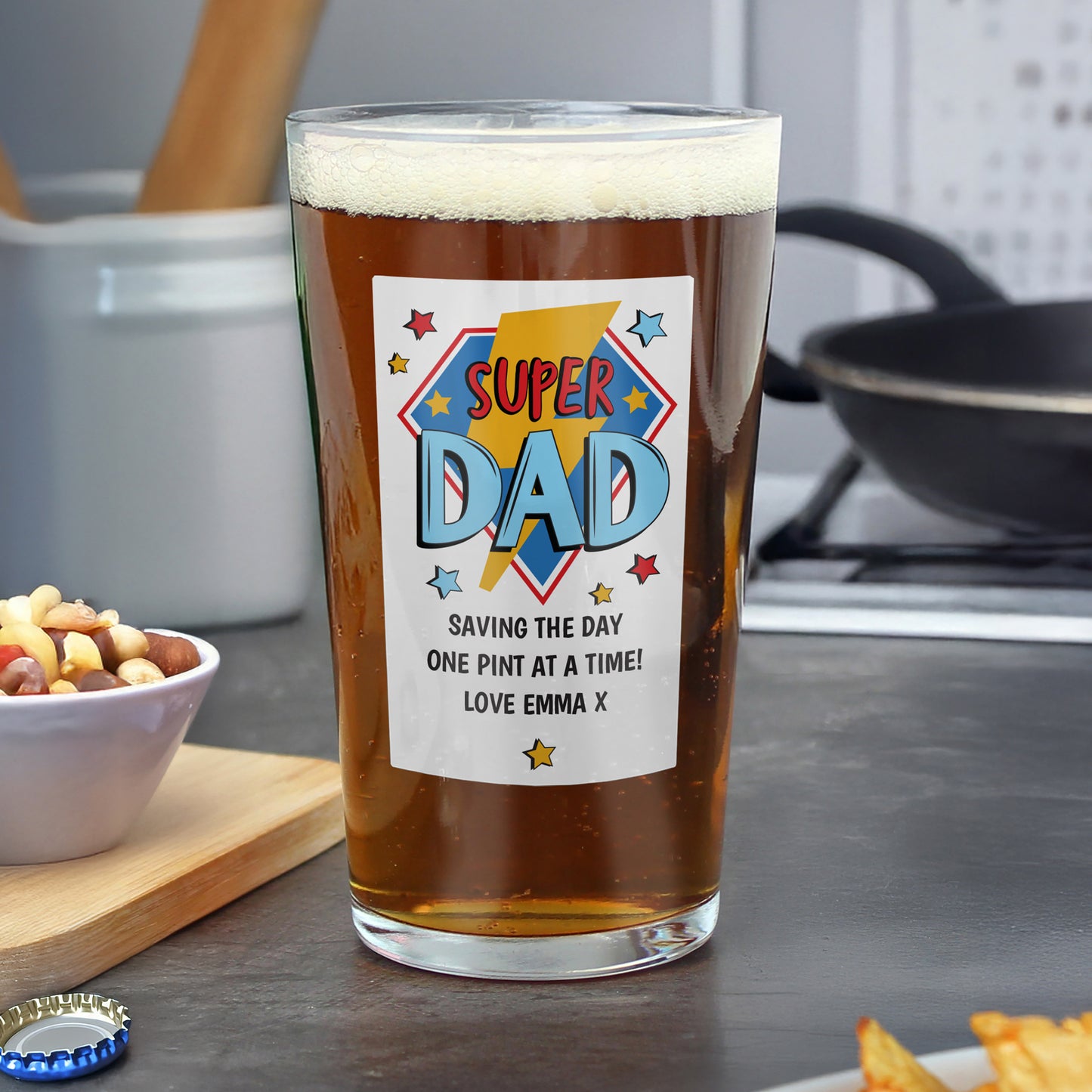 Personalised “Super Dad” Printed Pint Glass – Custom Gift for Him